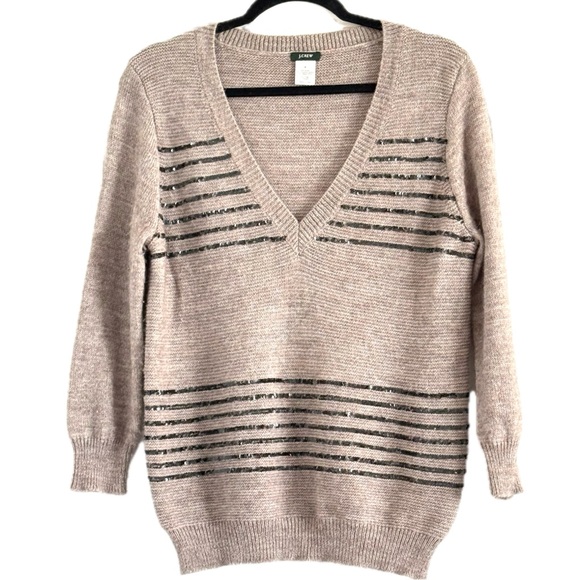 J.Crew Beige and Black Striped V-Neck Sweater - Picture 2 of 8